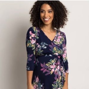 Navy floral sash tie maternity faux wrap dress